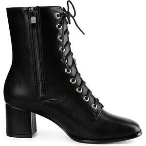 New Allegra K Womens Size 7 Black Faux Leather Lace Up 2.25" Chunky Heel Boots